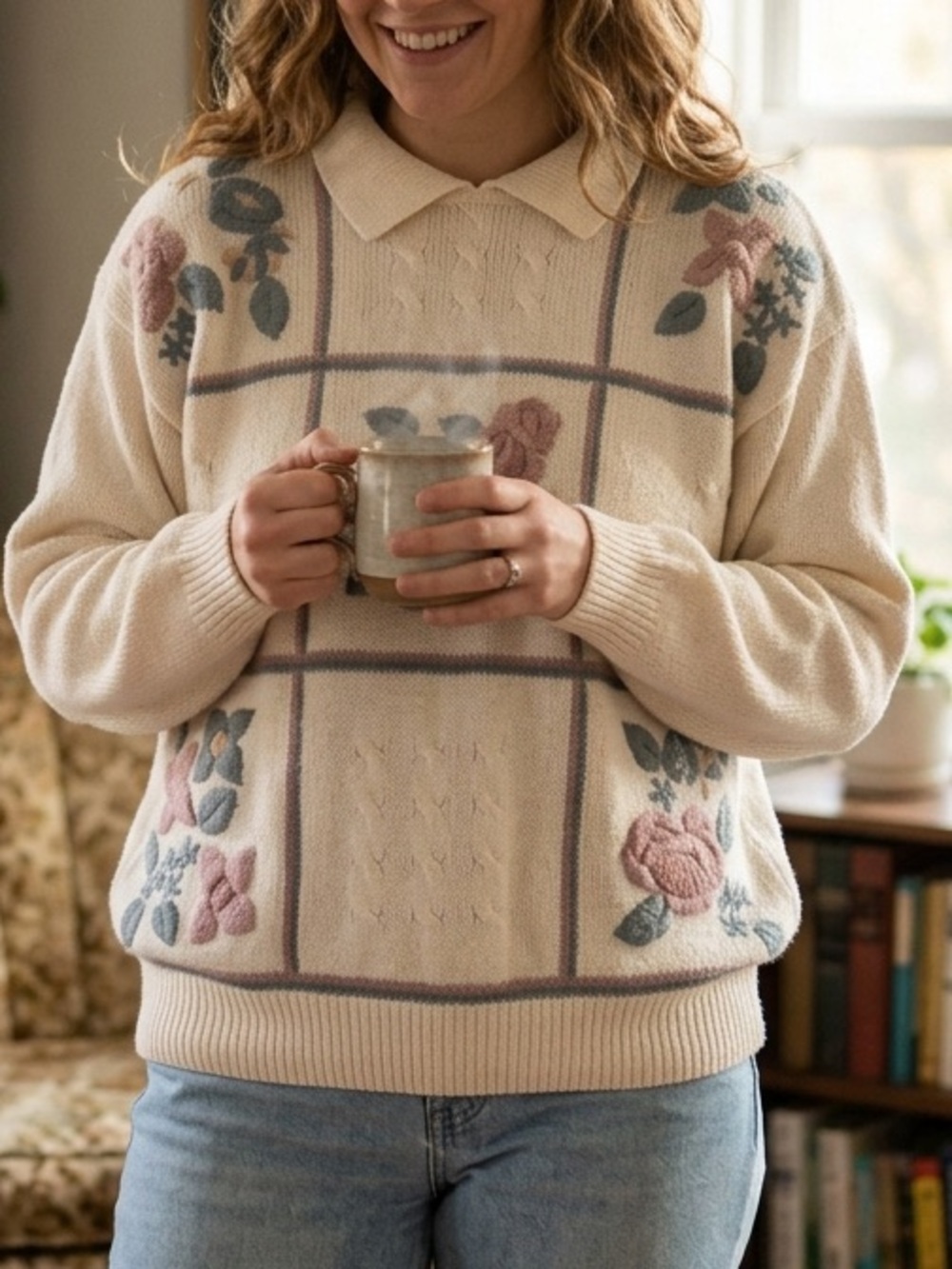 Vintage Y2K Sweater Womens extra large White Embroidered Floral Pullover Cottage